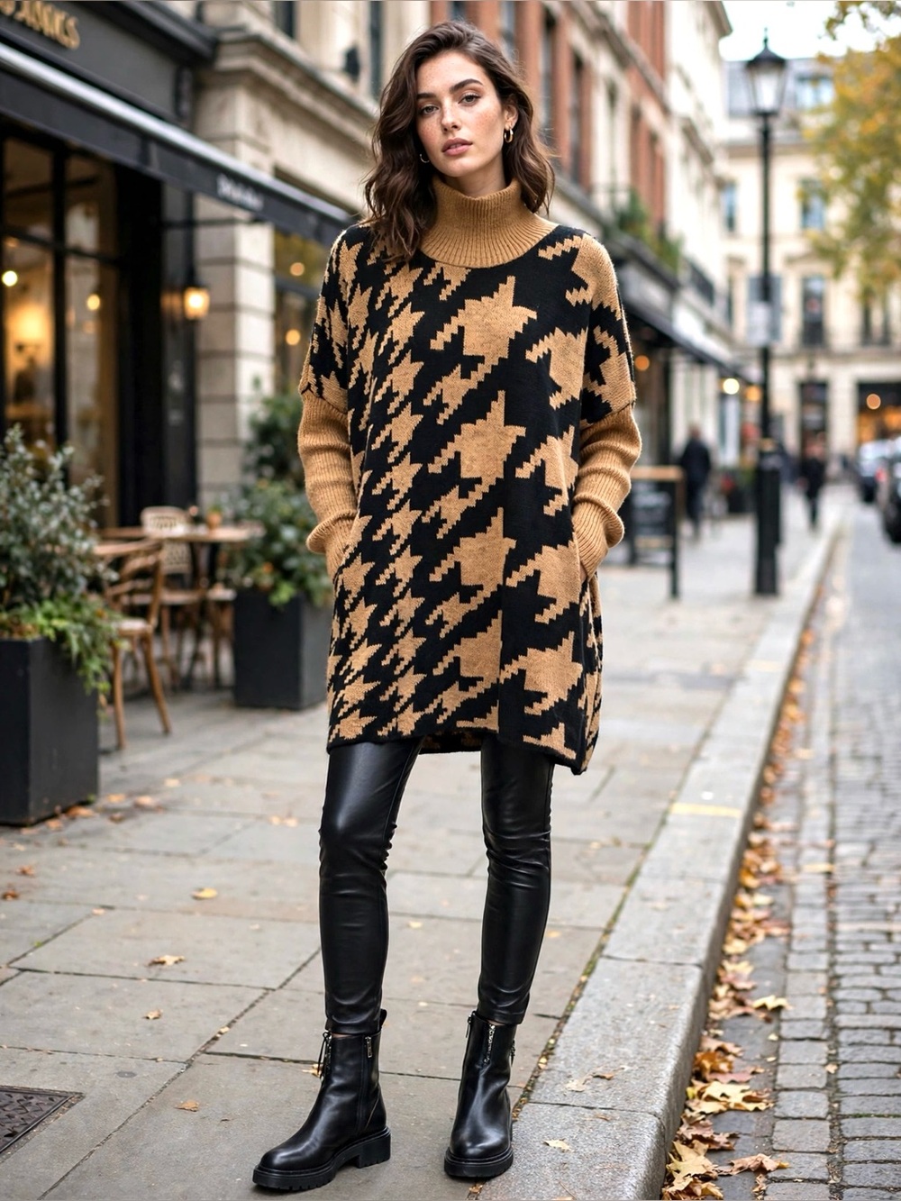 PISTACHE Made in Italy Oversized Houndstooth Turtleneck Sweater Dress Tunic S/M